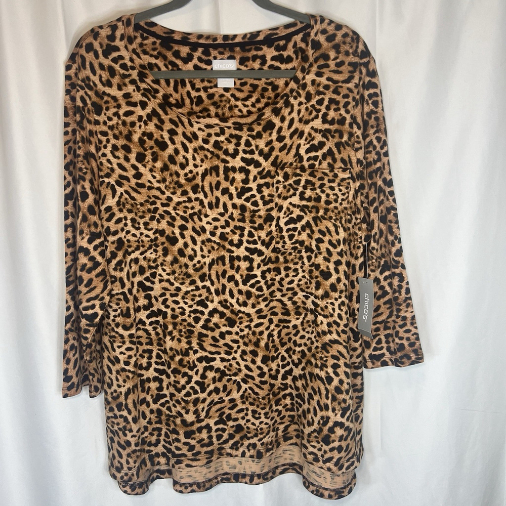Chico's Leopard Print Pullover Cotton Top Blouse V-Neck 3/4 Sleeve Sz 3 (XL)